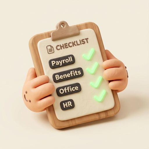 Clay 3D illustration of a clipboard with Payroll, Benefits, Office, HR checkmarks held by friendly hands