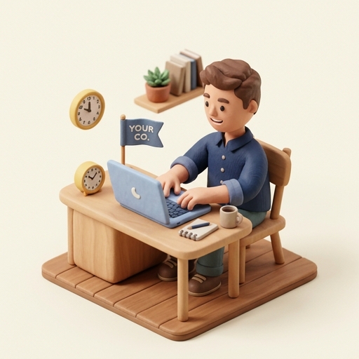 Clay 3D illustration of a dedicated employee at desk with 9-5 clock and YOUR CO. flag