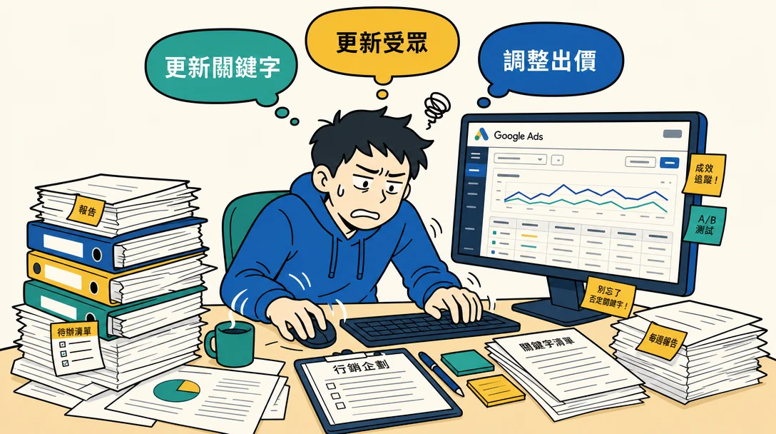 疲累的廣告操作人員逐項更新關鍵字、受眾與出價